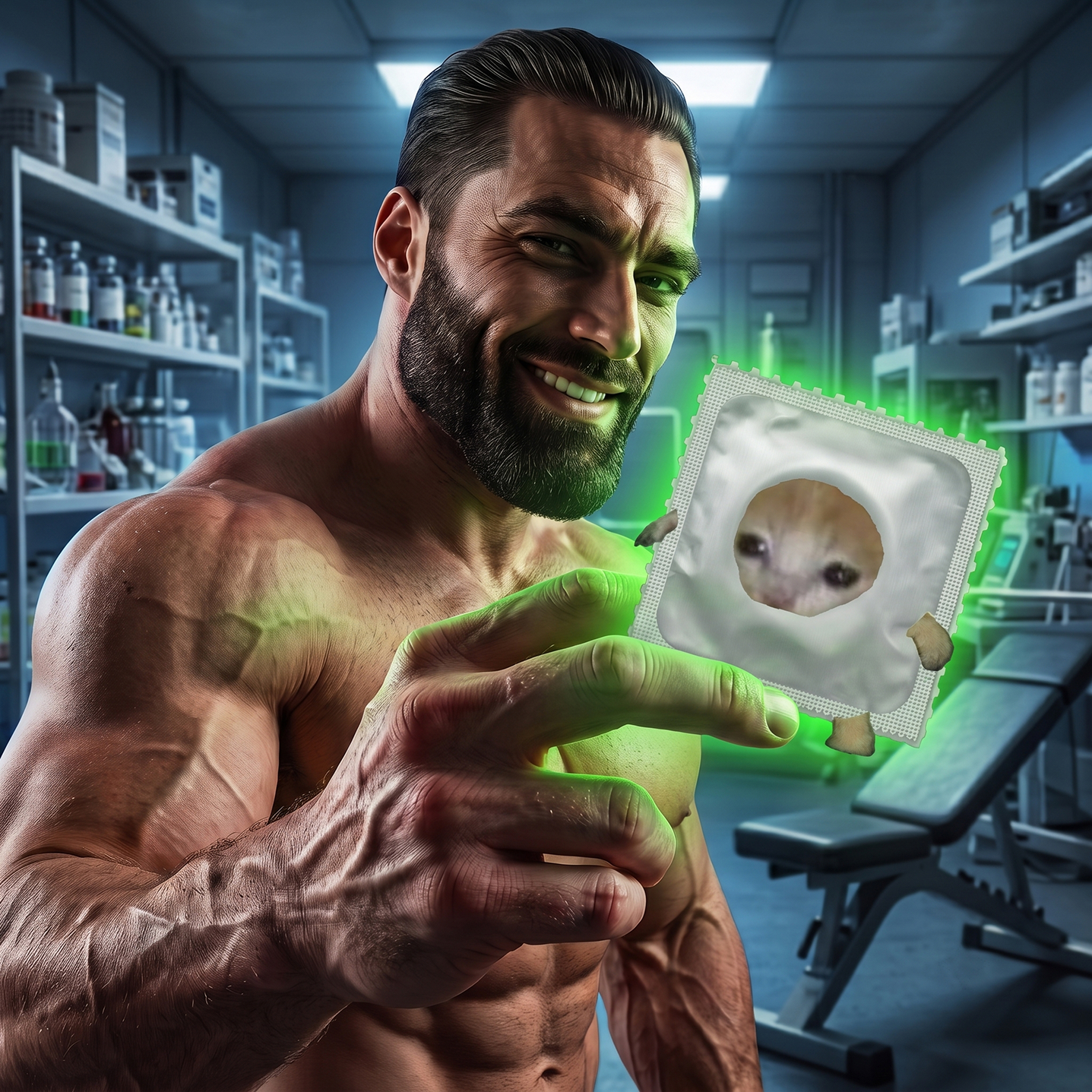 A muscular man endorsing the safemoon condom cat