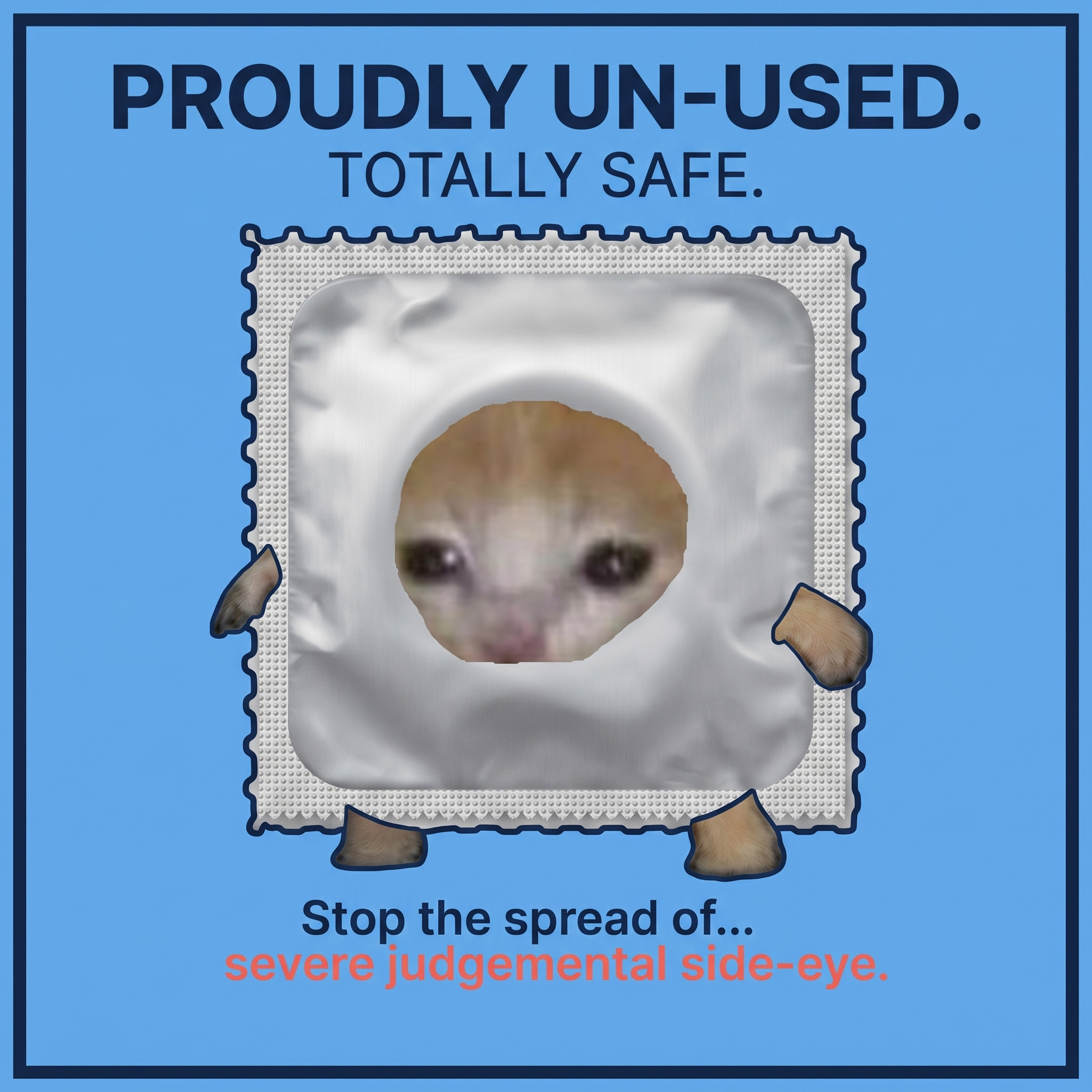 Proudly un-used, totally safe condom cat poster